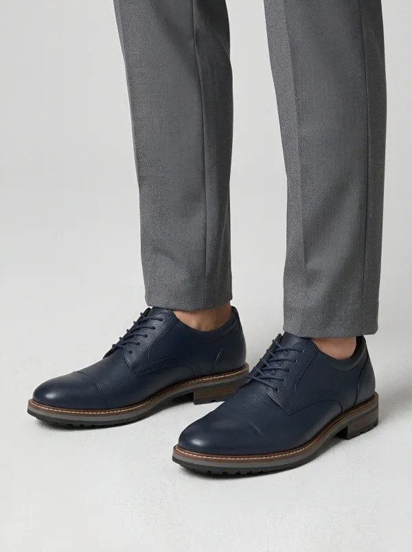 Men's Business Casual Navy Blue Leather Cap Toe Oxford Shoes