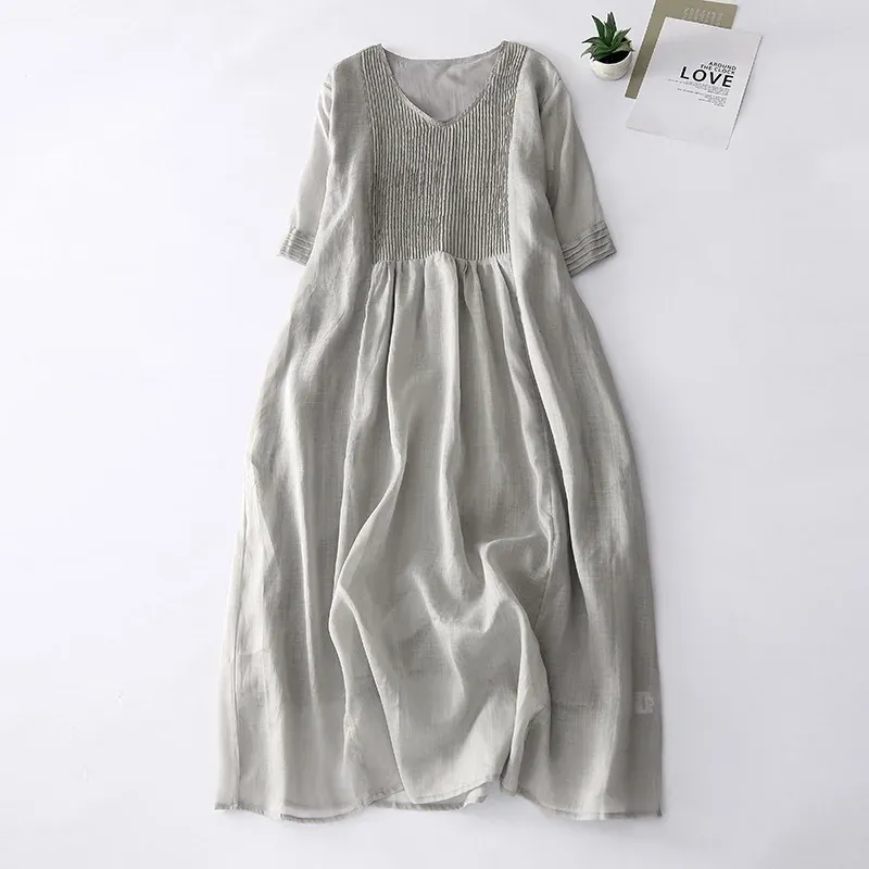 V-Neck Pleated Linen Blend Maxi Dress