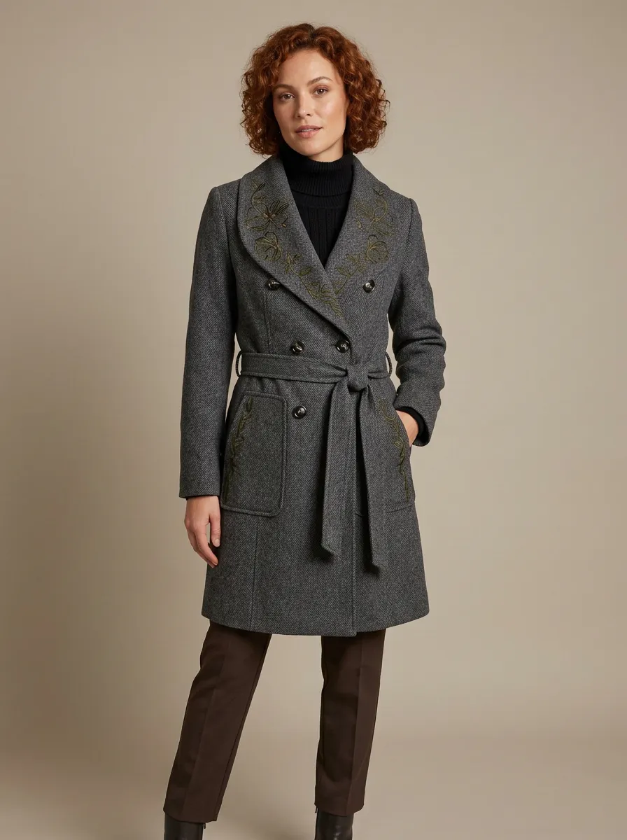 Women's Floral Embroidered Gray Herringbone Wool Blend Trench Coat