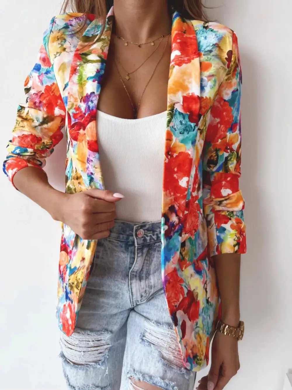 Open-Front Floral-Print Blazer