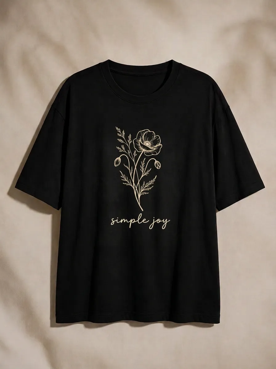 Women's Minimalist Floral Simple Joy Line Art Printed T-shirt