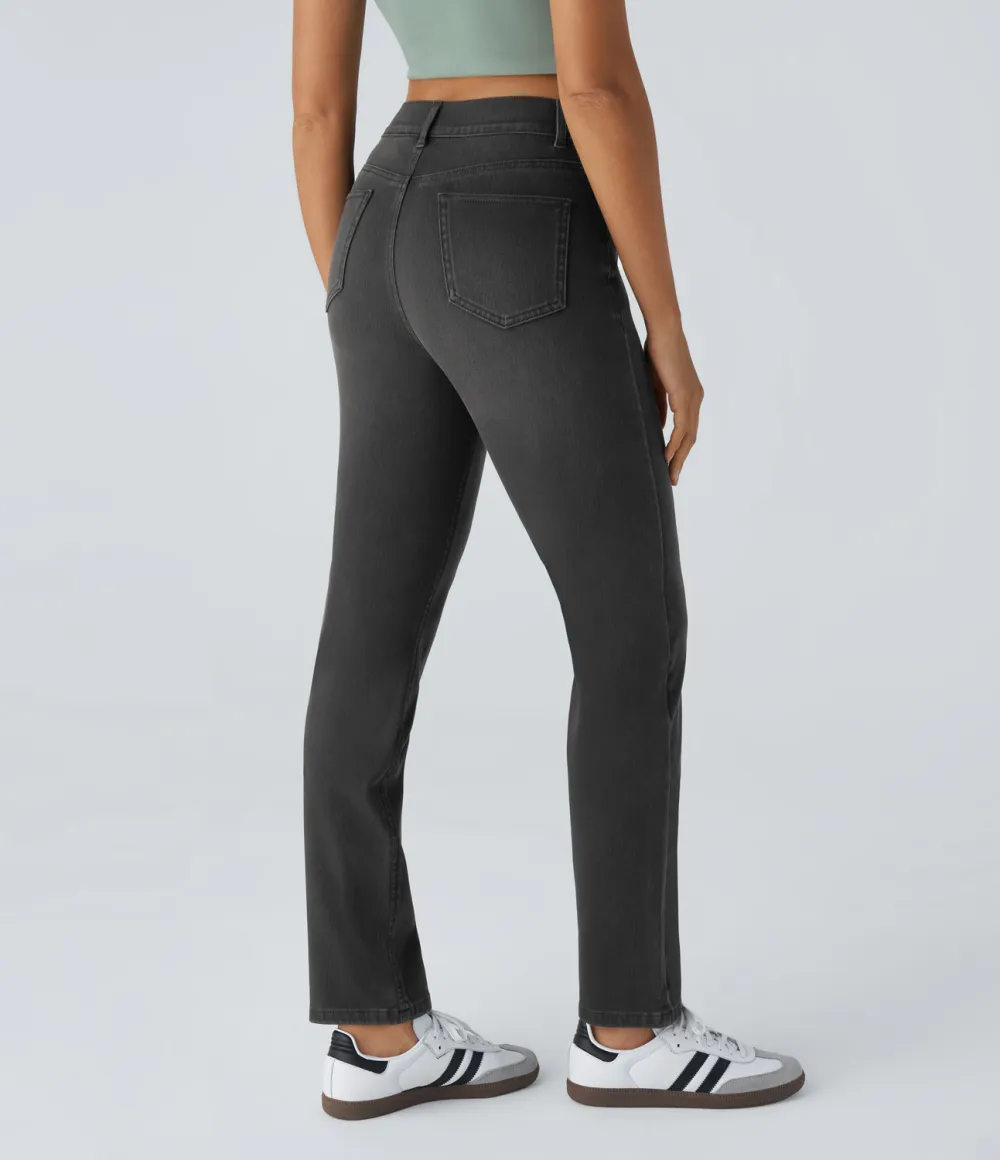 Magic High Waisted Multiple Pockets Straight Leg Washed Stretchy Knit Casual Jeans