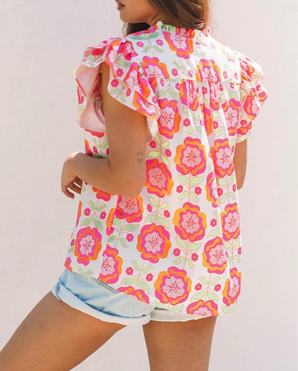 Women's Floral Print Split Neck Ruffle Sleeve Top