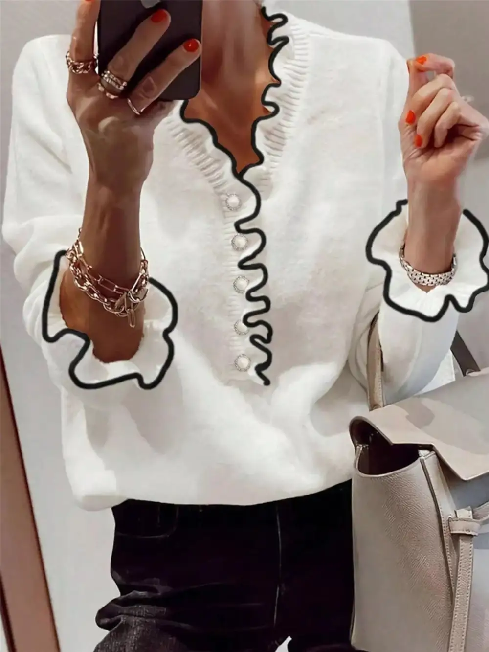 Ruffled Trim Button Front Sweater