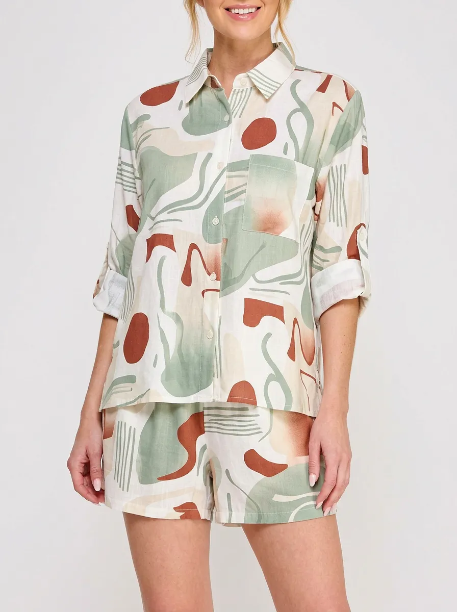 Women's Abstract Geometric Sage Green Printed Button-up Shirt