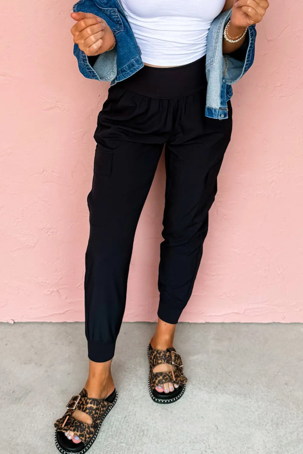 Elastic High Waist Pocketed Cargo Jogger Trousers