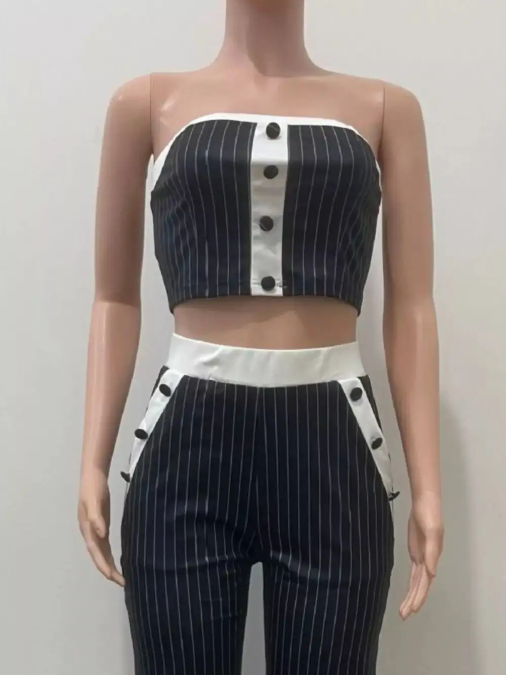 Striped Strapless Crop Top and Wide-leg Pants Set