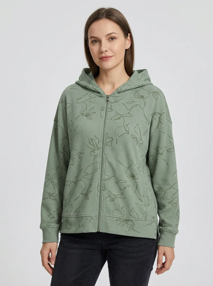 Women's Floral Line Art Waffle Textured Zip-Up Graphic Hoodie