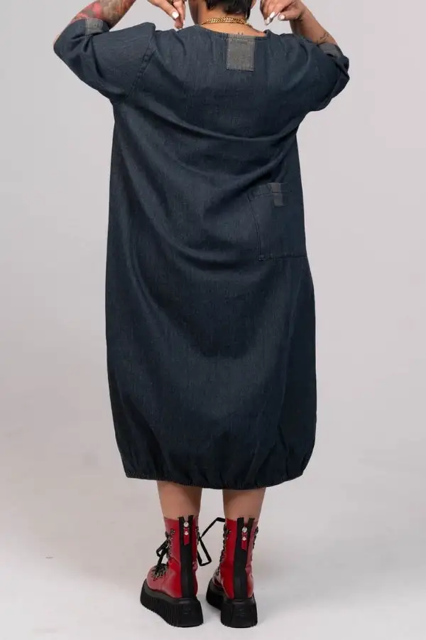 Multicolor Patches Denim Round Neck Relaxed Bubble Midi Dress