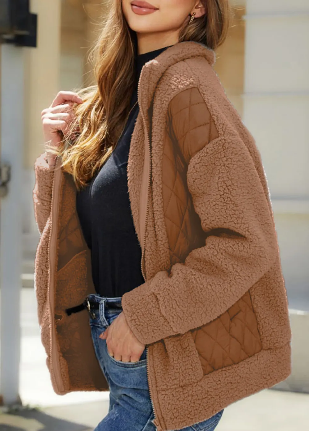 Light Coffee Pocket Long Sleeve Turn Down Collar Coat