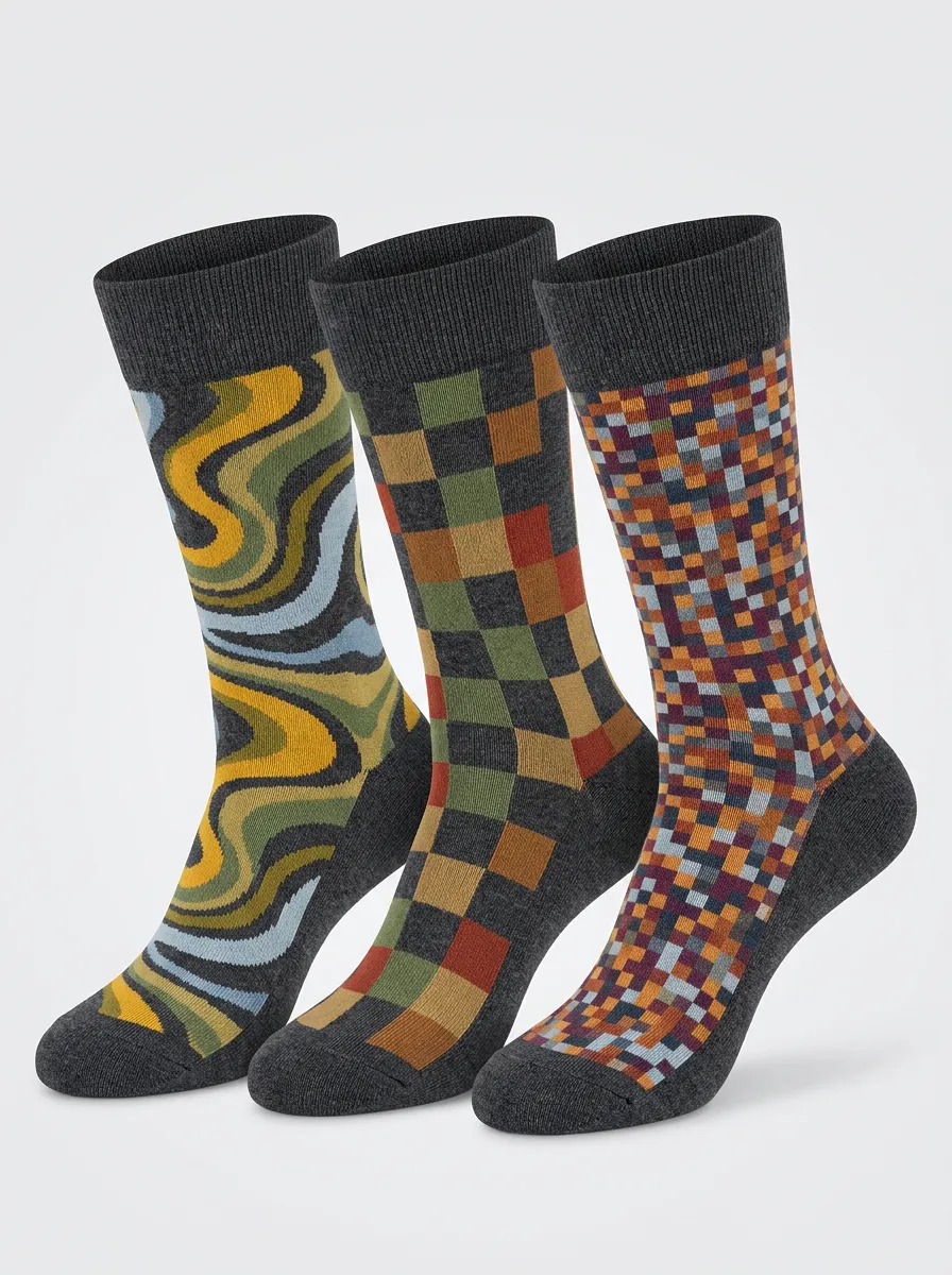 Men's Retro Geometric Swirl Checkered Printed Three Pack Socks