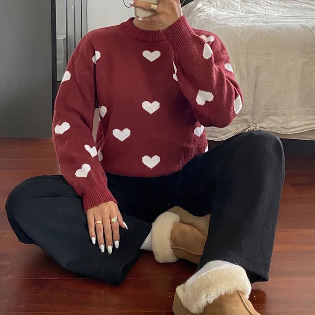 Women's Jacquard Heart-Motif Round-Neck Vintage-Inspired Sweater