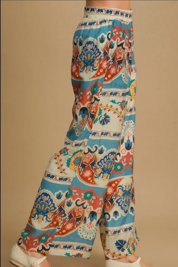 Wide Leg Border Print Plus Pants