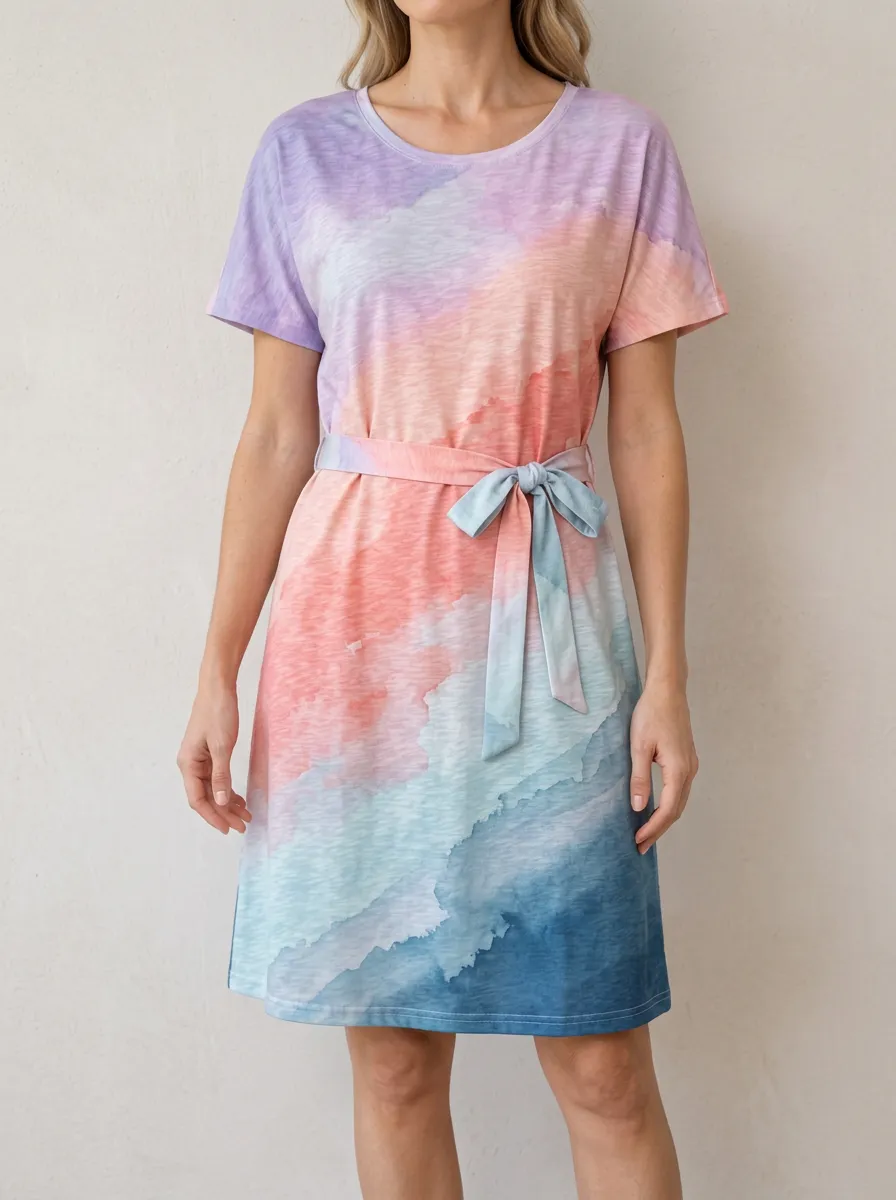 Women's Pastel Watercolor Gradient Belted Printed Dress