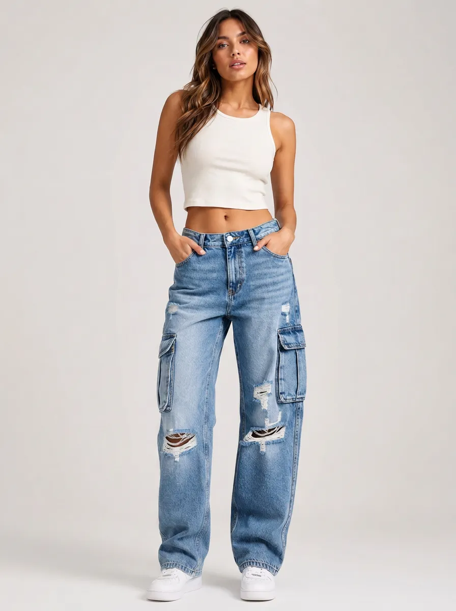 Women's Streetwear Distressed Cargo Printed Denim Jeans