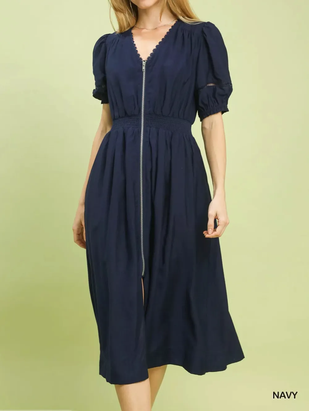 Front Zip-Front Smocked Waist Midi Dress