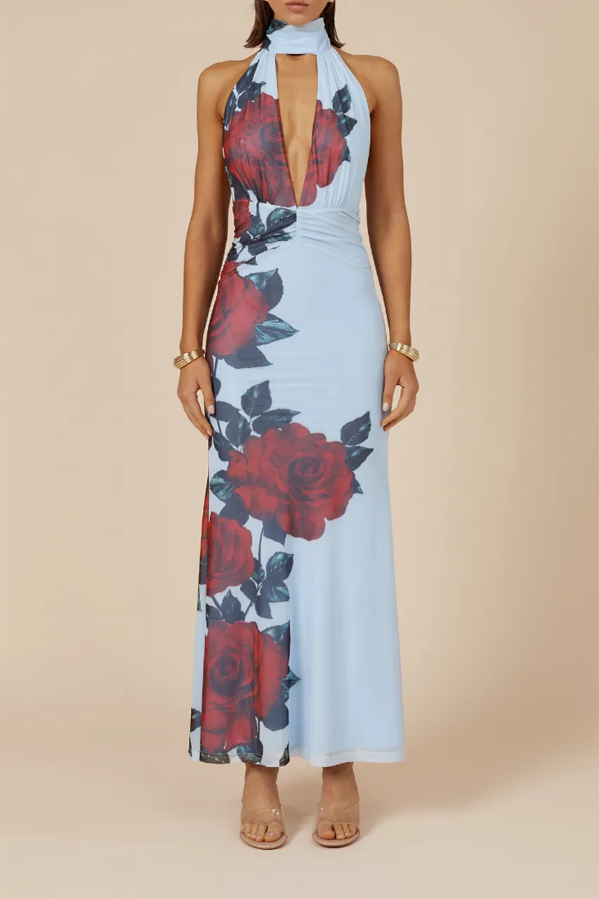 Floral Print Halter Neck Maxi Dress