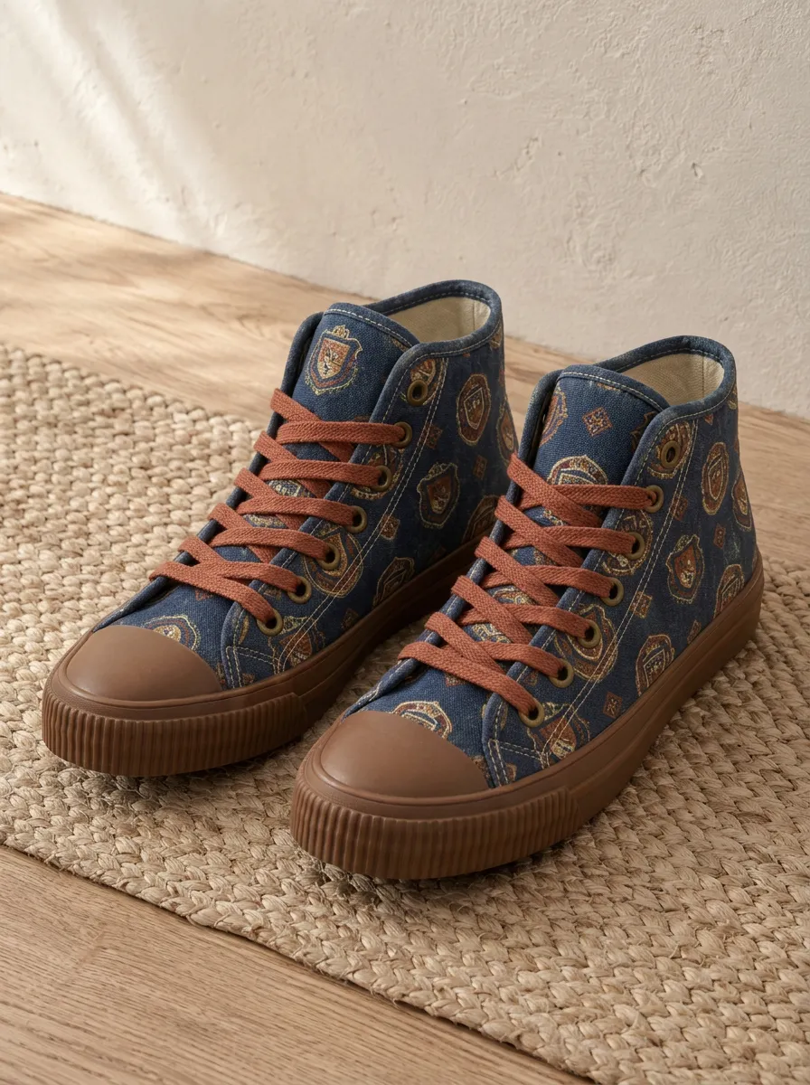 Women's Vintage Crest Pattern Denim Printed Canvas Shoes