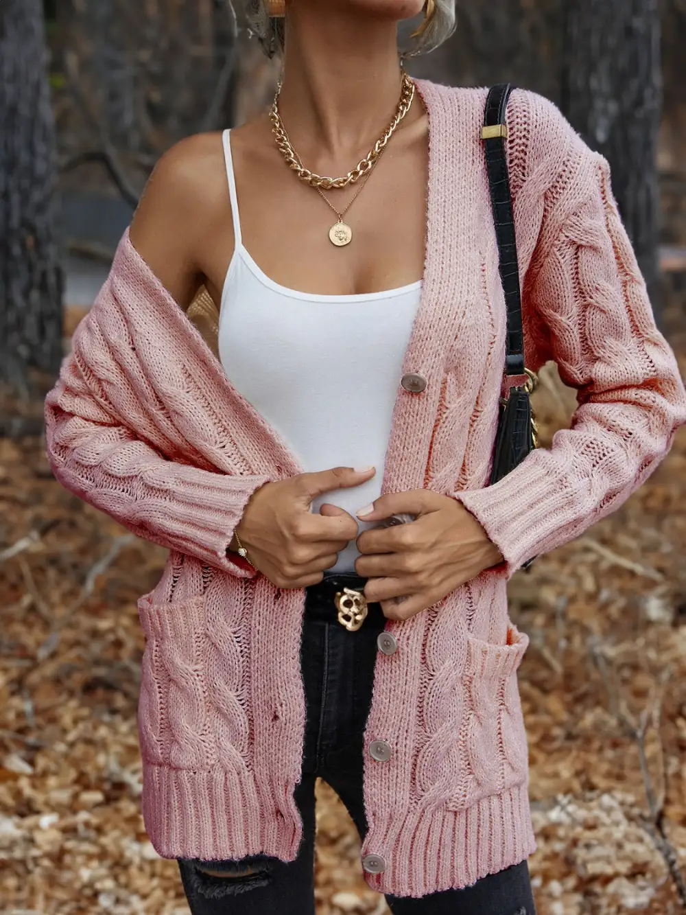 Cable-Knit Button-Down Cardigan
