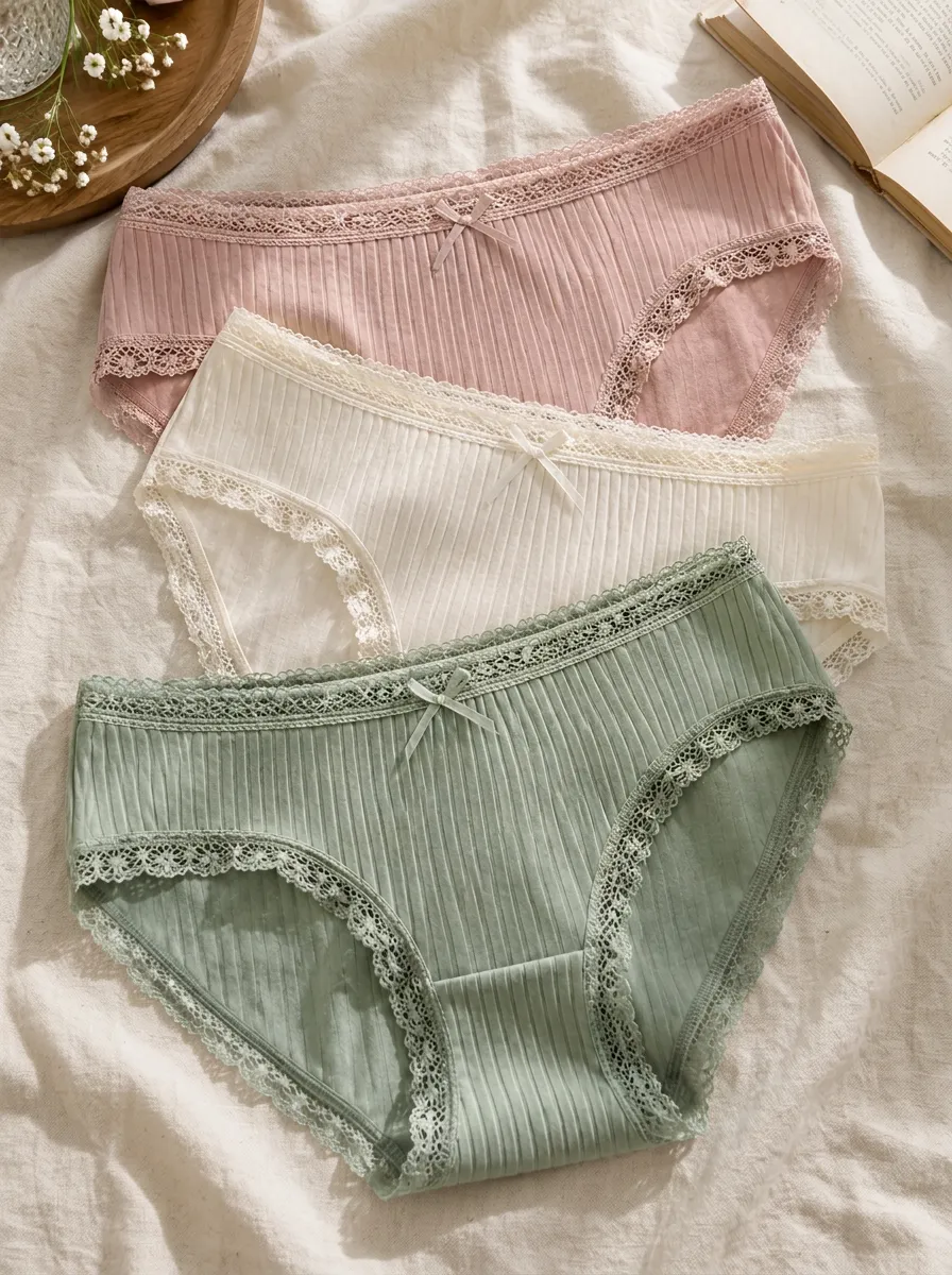 Women's Lace Trim Bow Detail Rib Texture 3-Pack Underwear Set