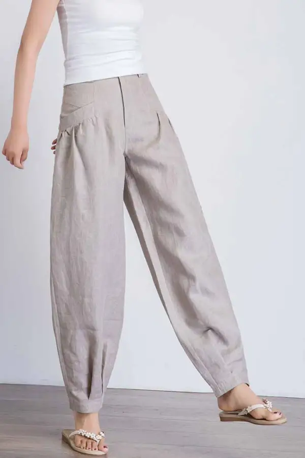 Refined Linen Cotton Baggy Cropped High Waist Pocketed Trousers