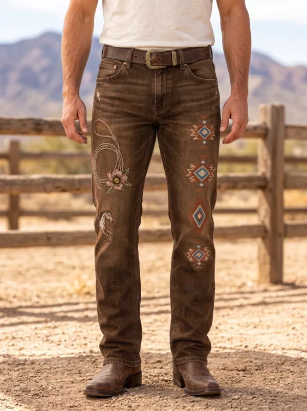Men's Western Cowboy Horse Lasso Geometric Jeans