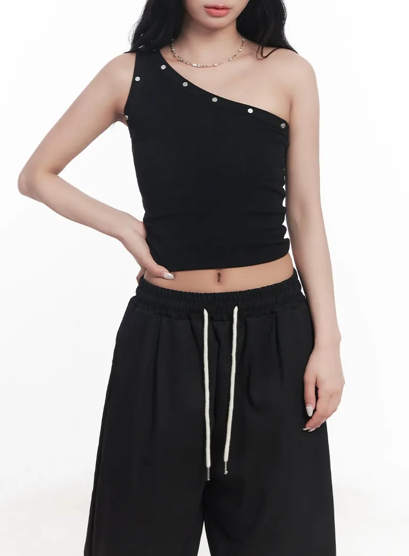 Studded One-Shoulder Crop Tank Top