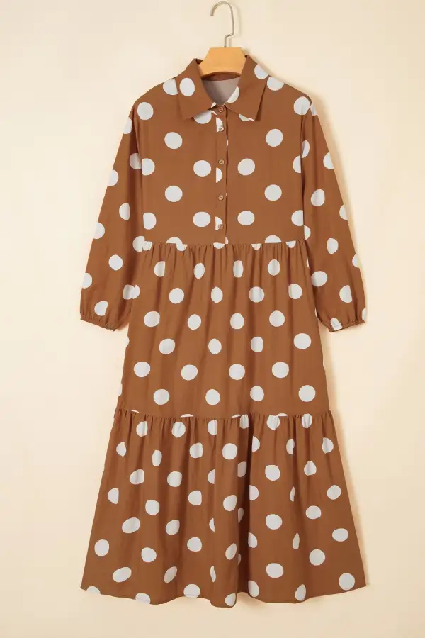 Women's Polka Dot Long Sleeve Shift Button Front Midi Dress