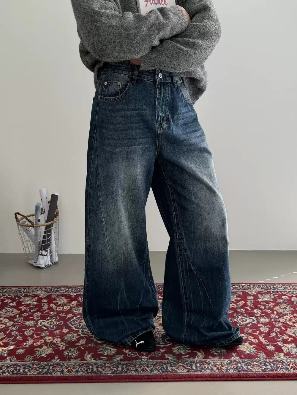 Washed Textured Wide Leg Jeans