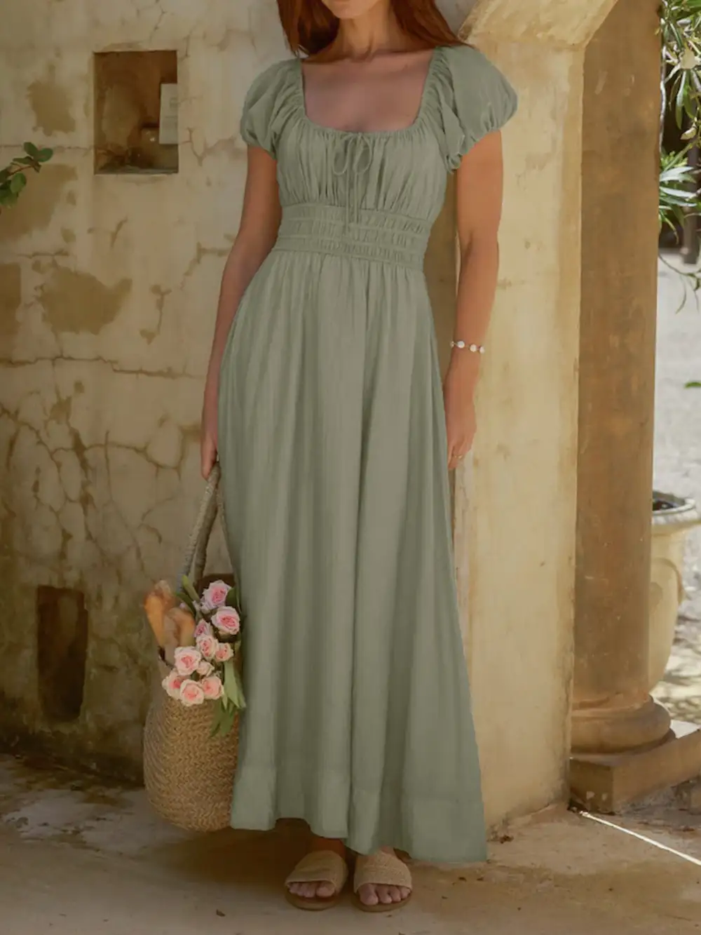 Smocked Puff Sleeve Maxi Dress