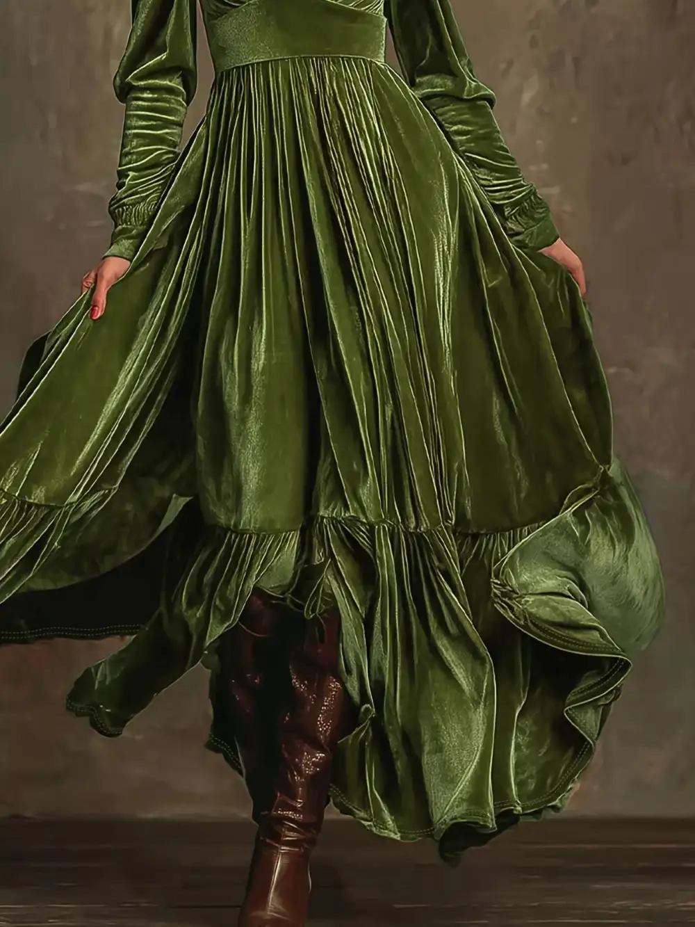 Textured Detail Ruffle Long Sleeve Dress