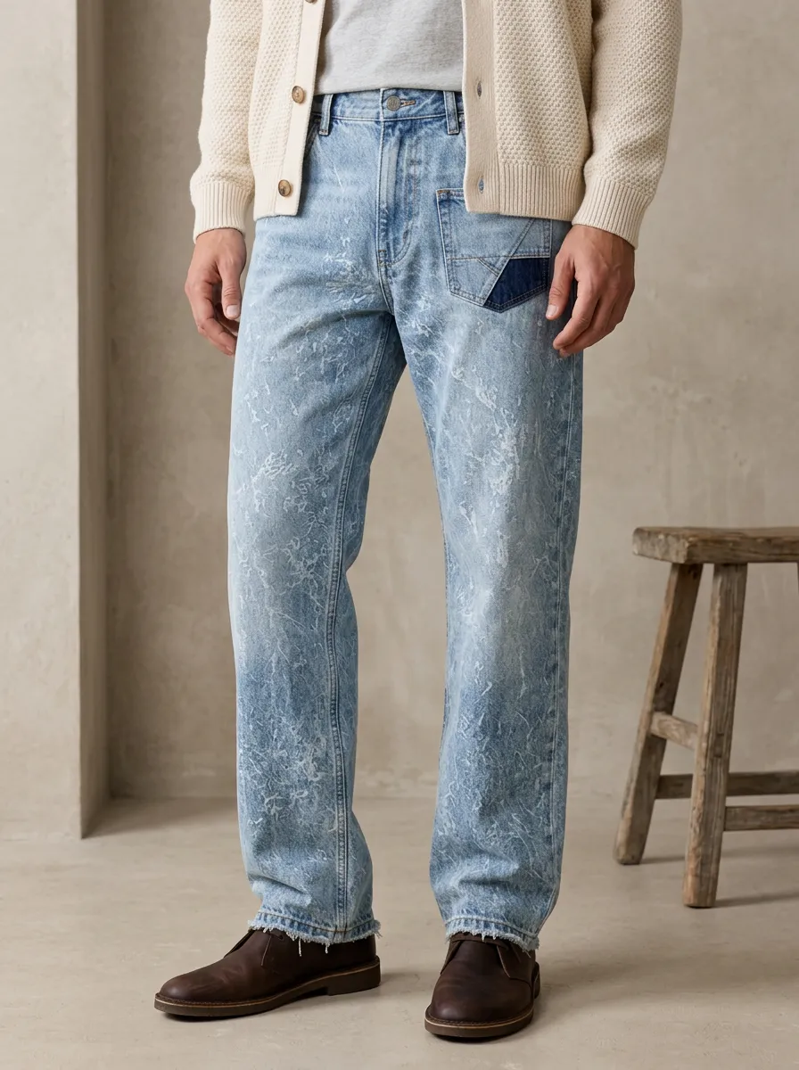Men's Acid Wash Patchwork Printed Jeans