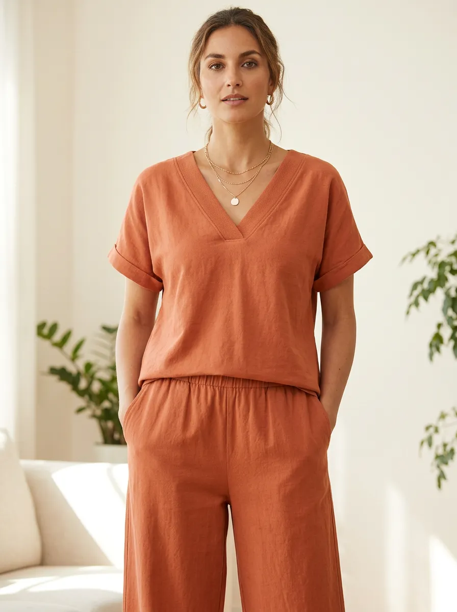 Easy-Wear Short-Sleeve Ribbed Women's V-Neck Casual Lounge Set