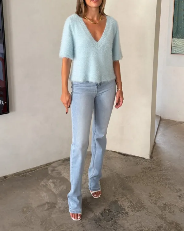 Blue V-Neck Knit Top