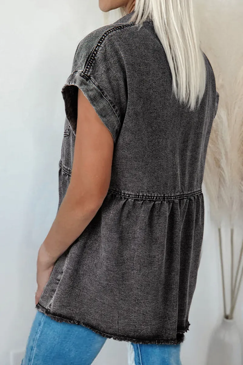 Button Front Short Sleeve Raw Hem Shirt Blouse