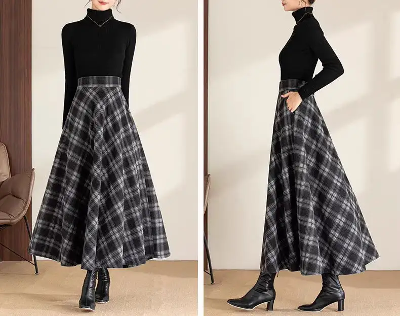 Plaid Wool A Line Maxi Skirt