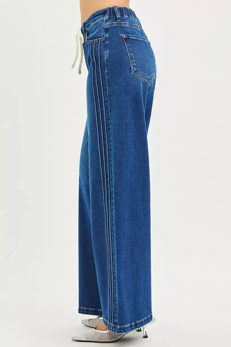 Mid Rise Drawstring Pintuck Jeans