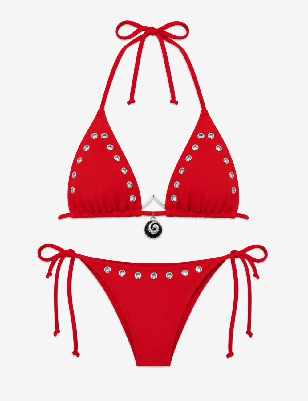 Solid Color Eyelet Detail Triangle Piece Bikini Set