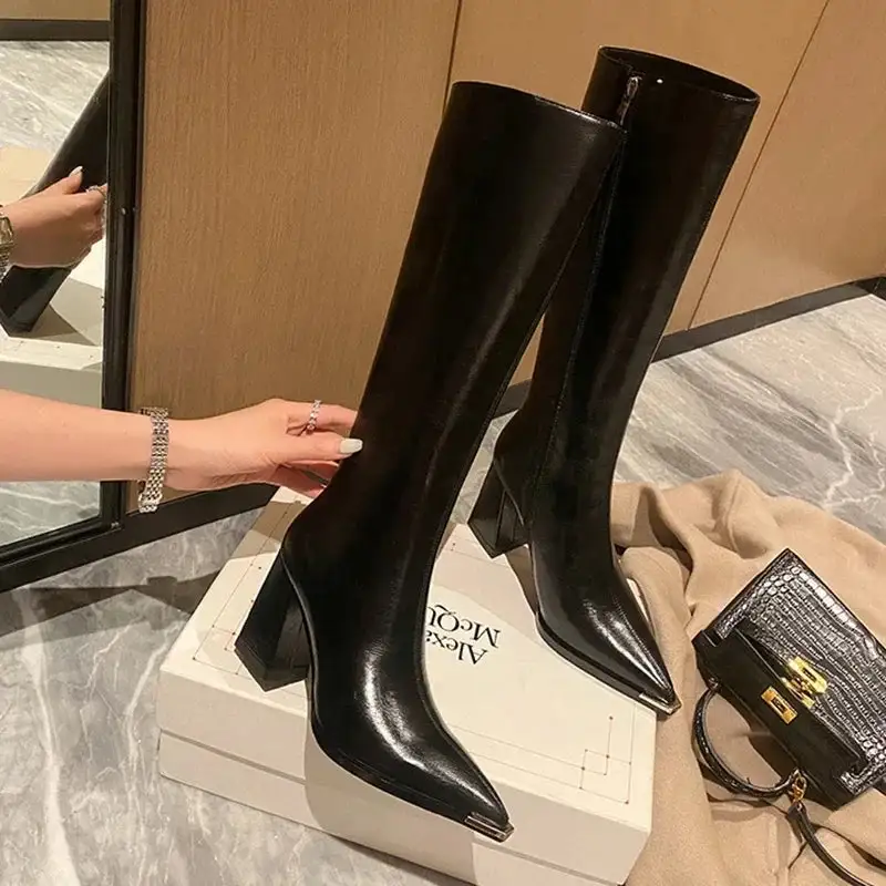 Pointed-Toe Square-Heel Knee-High Boots