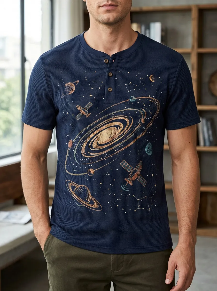 Men's Space Galaxy Satellite Printed Henley T-Shirt