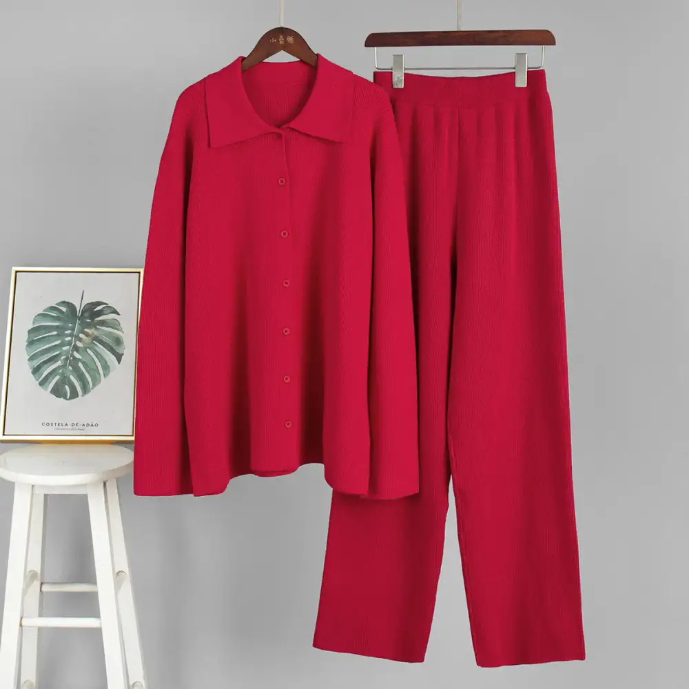 Relaxed Ribbed Sweater And Pants Set With Collar