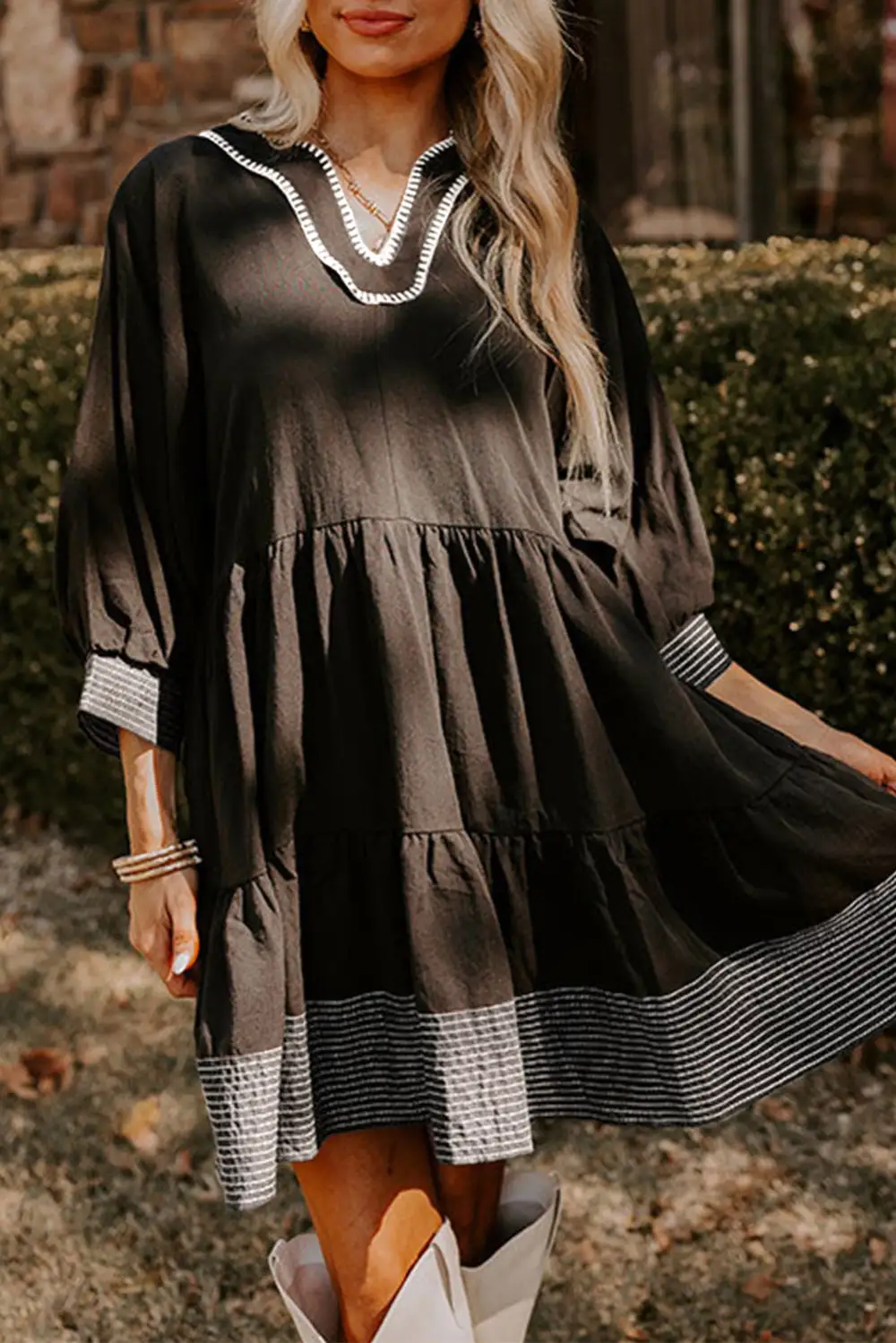 Tiered Tie Detail Contrast Trim Mini Dress