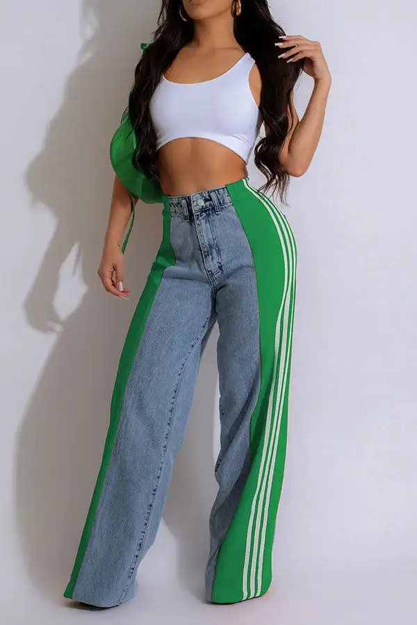 Colorblock Patchwork Washed Wide-Leg Jeans