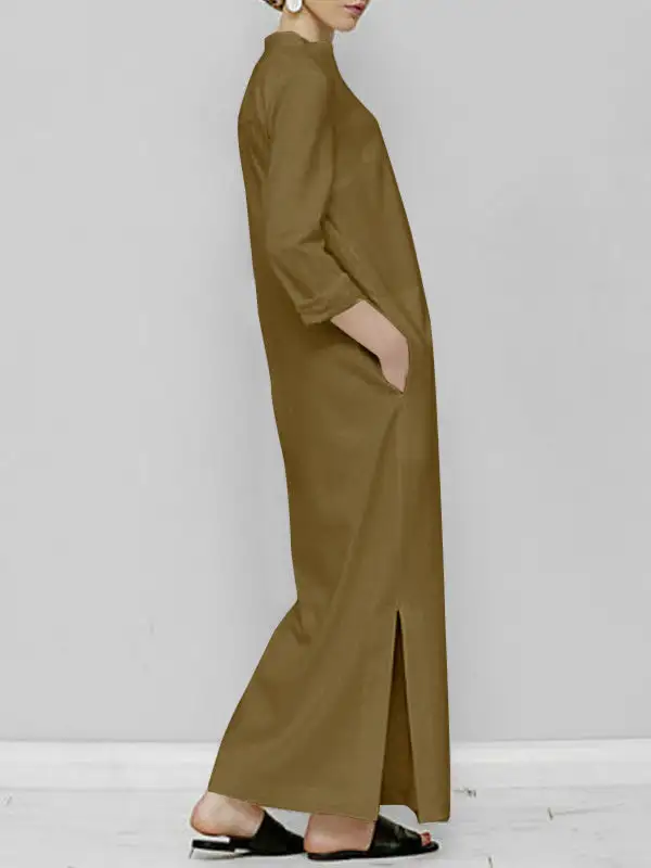 Sleeves Loose Long Neck Maxi Dress