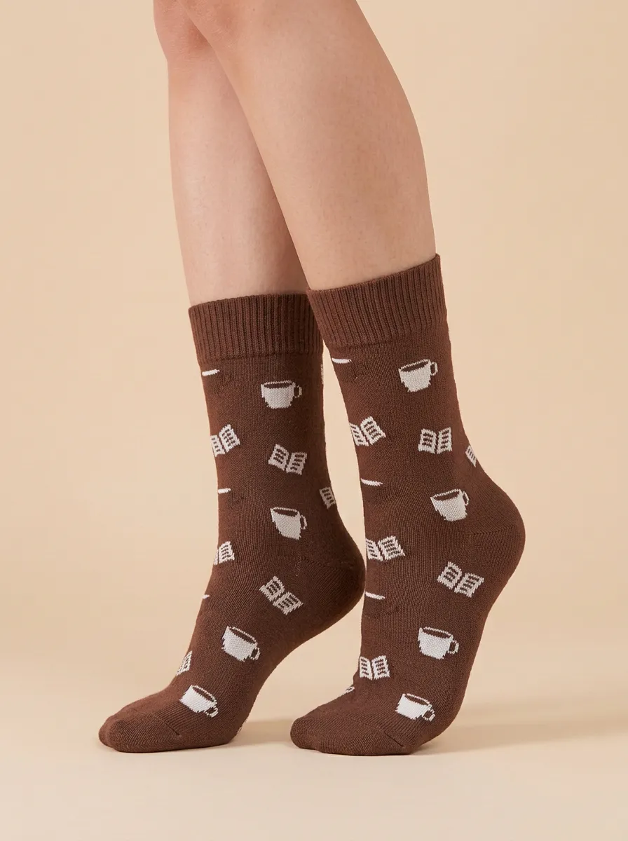 Relaxed Coffee-Motif Book-Motif Casual Socks