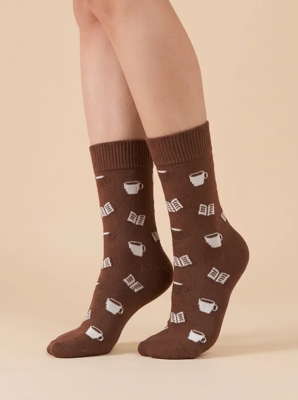 Relaxed Coffee-Motif Book-Motif Casual Socks