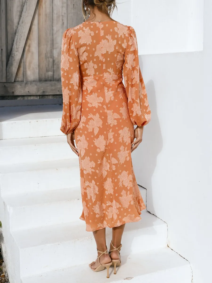 Print V-Neck Long Sleeve Dress