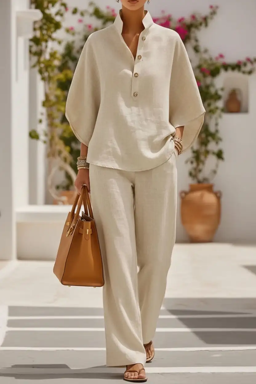 Long-Sleeve Linen Checked Women's Matching Set