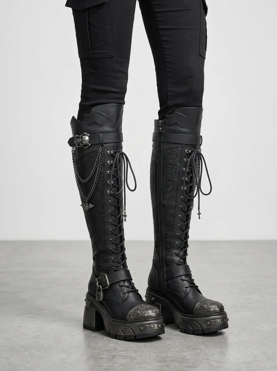 Classic Gothic Skull Bat Chain Darkwear Style Women's Gothic Platform Boots