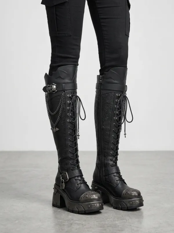 Classic Gothic Skull Bat Chain Darkwear Style Women's Gothic Platform Boots